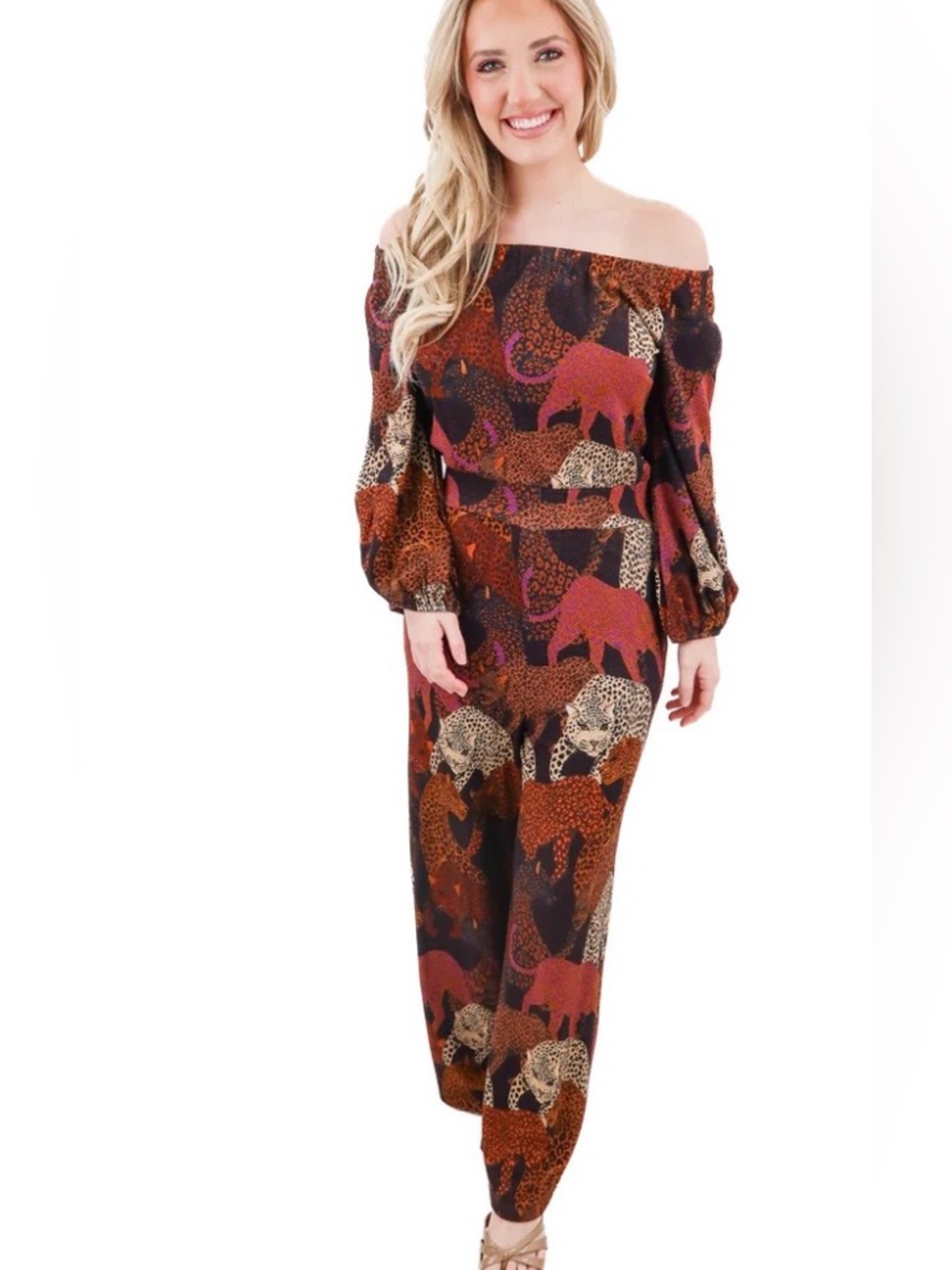 Farm Rio for Anthropologie Animalia Off Shoulder Wide Leg Jumpsuit, Size Medium